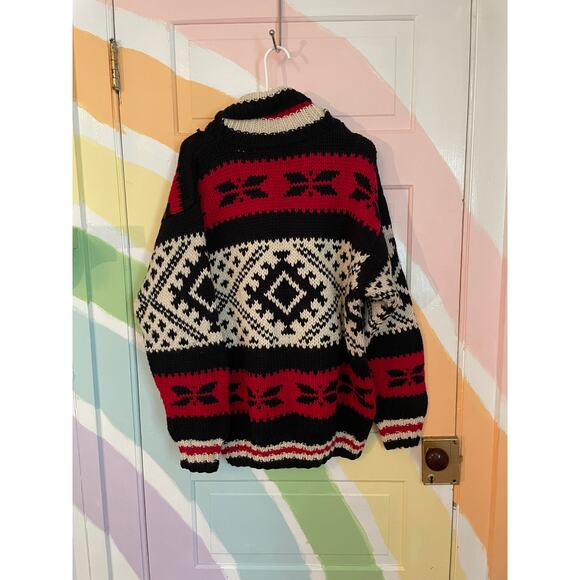 Vintage GAP Hand-Knit Wool Sweater Red Black Cream Geometric Nordic Pullover - Picture 6 of 13